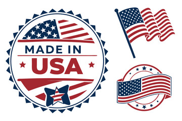 Made in USA labels, American flag badge, Stars and Stripes emblem, national industry, patriotic day stamp, vintage vector stickers.