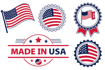 Made in USA label, Stars and Stripes emblem, American flag badge, patriotic day stamp, vintage national industry vector.