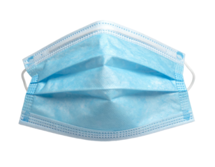 Close-up of a folded, light blue surgical mask with white ear loops
