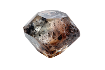 Translucent crystal displays a hexagonal shape with internal features on a black background