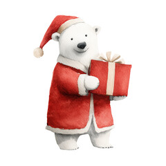 Cute polar bear wearing a Santa hat holding a wrapped gift in a watercolor style for holiday celebrations