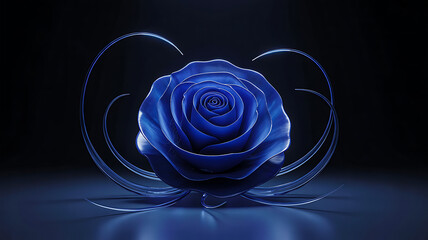 Stunning metallic blue rose with elegant swirling abstract art, symbolizing luxury, romance, and modern beauty in a sophisticated presentation.