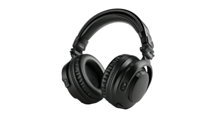 Sleek, over-ear headphones, rendered against black background, showcasing earcups and adjustable headband