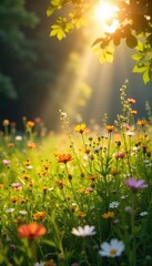 Fototapeta premium Golden sunlight streams through leaves onto a sun-drenched summer meadow, wildflowers blooming vibrantly A feeling of sacred peace and summer's warmth pervades the scene , holy, grass
