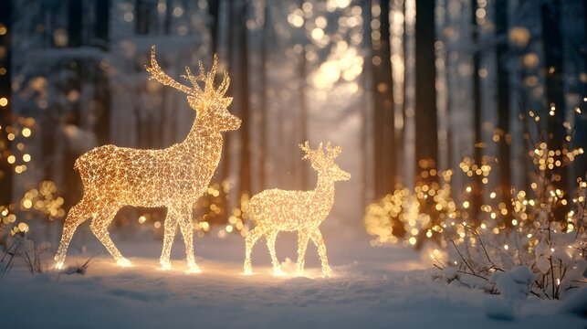 Illuminated deer figures glow in a snowy forest with bokeh lights.