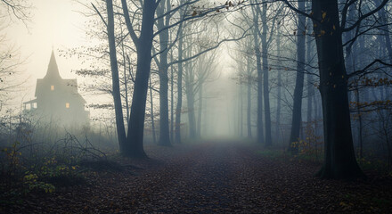 High Detail Foggy Forest Path With Distant Haunted Cabin Silhouette Pale Light Through Bare Branches Calm Cinematic Halloween Mood JPG