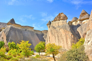 View of a breathtaking landscape in Cappadocia, Turkey, featuring unique rock formations known as fairy chimneys and ancient cave dwellings carved into the soft volcanic stone.