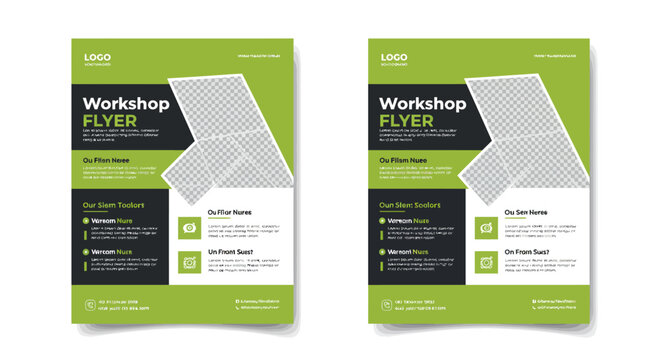 Modern Workshop Flyer Design Template with Green and Black Accents.