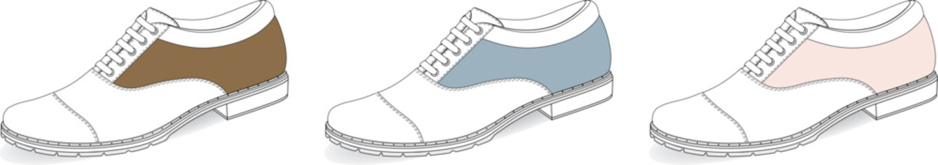 Three elegant classic lace-up dress shoe illustrations, each featuring a unique color block design on the upper, perfect for fashion concepts, retail branding, and style guides