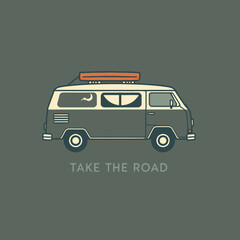 Illustration of a vintage camper van with a roof rack and the text "TAKE THE ROAD".