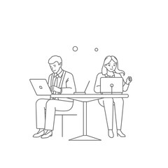 A man and a woman sit at a table, each working on their own laptop, in a simple line drawing.