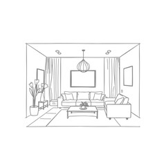 Detailed line drawing of a living room interior with furniture and decor.