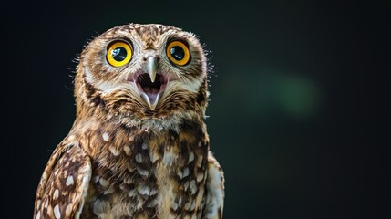 Fototapeta premium A spotted owl with large yellow eyes and a surprised expression, perched on a branch against a dark background.