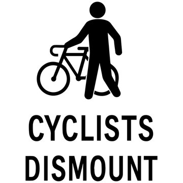 Cyclists Dismount Bicycle icon with transparent background &mdash; representing safety instruction, dismount zone, or pedestrian crossing area.