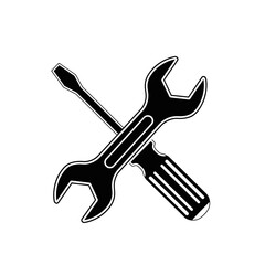 A black and white icon of a crossed wrench and screwdriver representing tools and repair.