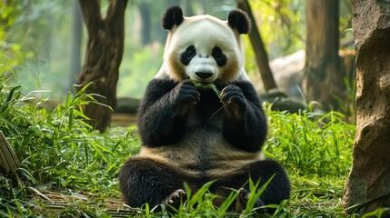 Fototapeta premium A panda bear sitting in a lush green forest, eating bamboo leaves.