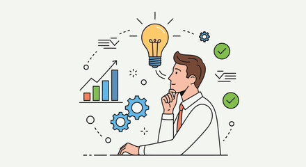 A man thinking with a lightbulb idea, surrounded by business growth charts, gears, and checkmarks, representing innovation and problem-solving.