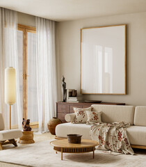 Japandi living room interior with beige sofa, wooden furniture and natural light. Mock up poster frame in modern living room. 3D illustration.