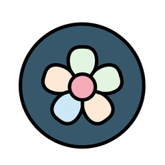 A colorful flower illustration inside a dark blue circle, with pastel petals and a pink center.