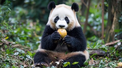 Naklejka premium A panda bear sitting in a lush green forest, eating a piece of fruit.