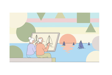 Senior couple drawing sailboats by the water at sunset Leisurely hobby peaceful retirement