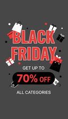 Black Friday sale graphic offering 70 off across all categories Ideal for retail and advertising
