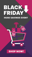 Black Friday Huge Savings Event with shopping cart gifts and significant discounts