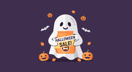 Friendly ghost holding a Halloween Sale banner with pumpkins and bats Ideal for holiday promotions and pet product sales