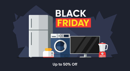 Black Friday sale graphic showing refrigerator washer TV and appliances deal