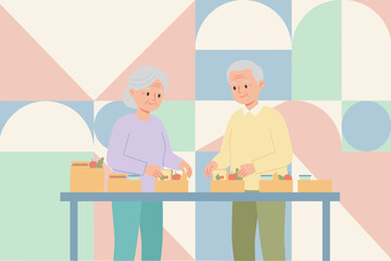 Senior couple packing healthy food boxes on a table Community volunteering and healthy lifestyle