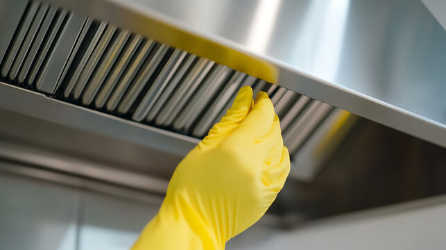 Close-up on professional kitchen cleaning with yellow gloved hand inspecting a stainless steel exhaust hood in a commercial space. Hygiene standards are maintained in cooking areas.