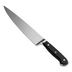 A shiny, stainless steel chef's knife is angled across a black background, showcasing its sharp blade and riveted handle