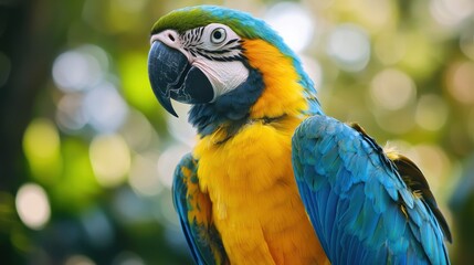 Obraz premium A colorful parrot with blue and yellow feathers perched on a branch with a blurred green background.