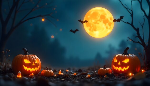 halloween background with pumpkin and bats - Powered by Adobe