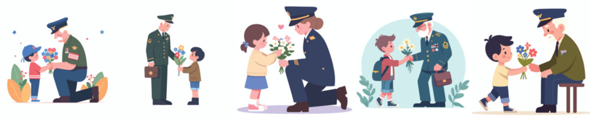 silhouette of a children give flowers to veteran soldiers