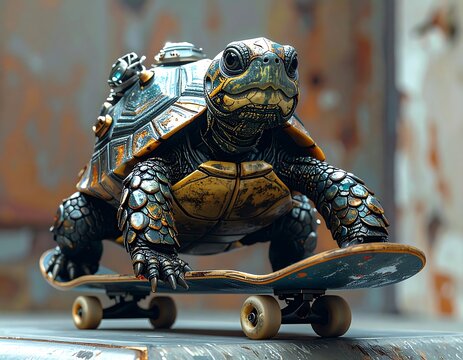 Steampunk turtle skateboarding