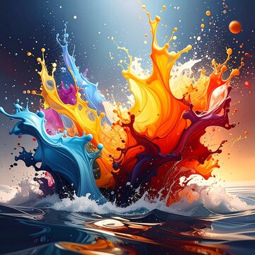 Colorful paint explosion erupting from water, creating abstract shapes