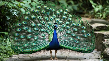 A vibrant peacock with its feathers spread out in a display.