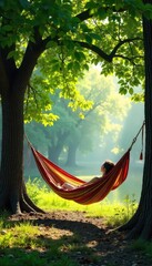 Serene outdoor resting spot, shaded hammock strung between trees, dappled sunlight filtering through leaves Peaceful nature scene, ideal for relaxation and tranquility , peace, autumn, peaceful