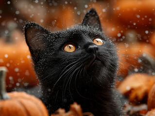 Black cat with pumpkin's in the background