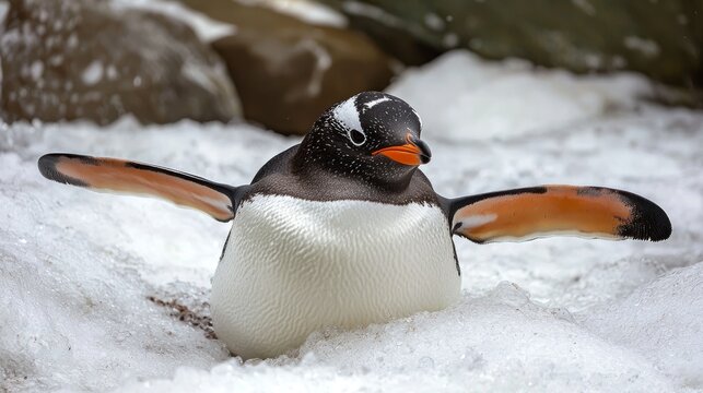 A Gentoo penguin with its wings outstretched in the snow. - Powered by Adobe