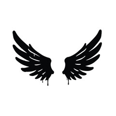 Abstract black graffiti style angel wings with drips isolated on white silhouette