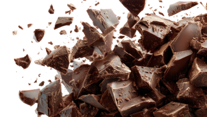 Close-up of dark, fragmented confectionery, brown hues against a black backdrop, appearing to burst outward