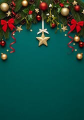 Festive christmas garland with ornaments on teal background, showcasing holiday decorations, seasonal cheer, and the spirit of christmas, perfect for greeting cards and festive designs