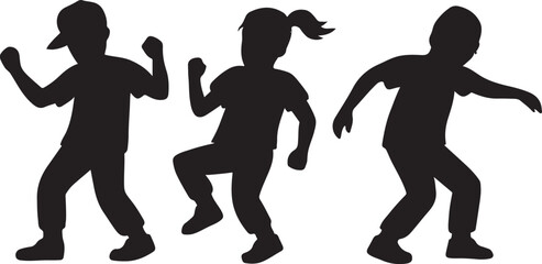 PrintSilhouettes of three children dancing energetically on a white background