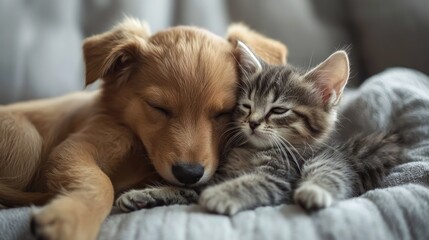 A golden retriever puppy and a tabby kitten cuddling on a gray blanket.
