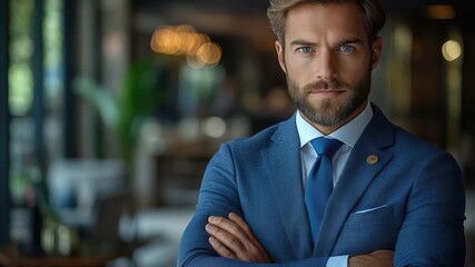 A person wearing a blue suit and standing with their arms crossed, available for use as a business or corporate image