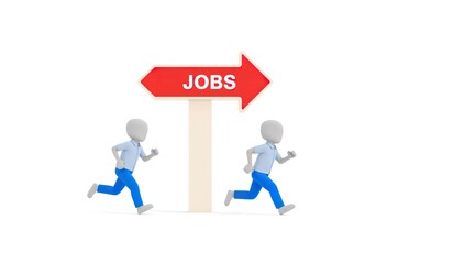 Two Minimalist 3d Characters Running Towards a Bright Red jobs Sign, Symbolizing Career Pursuit and Employment Opportunities