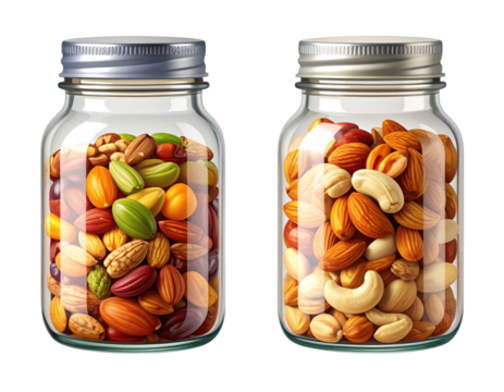 Two glass jars filled with mixed nuts isolated on transparent background