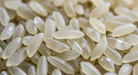 Close-up of uncooked, white, translucent rice grains, showing textures and subtle color variations